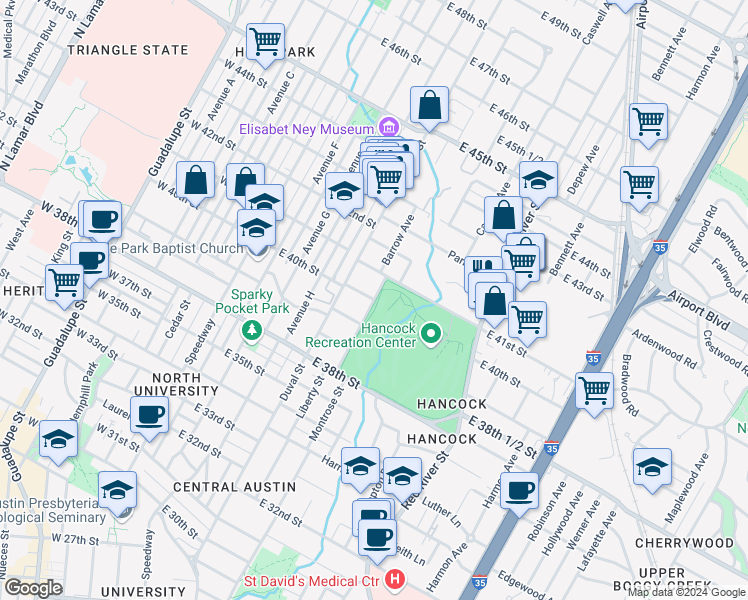 map of restaurants, bars, coffee shops, grocery stores, and more near East 40th Street in Austin