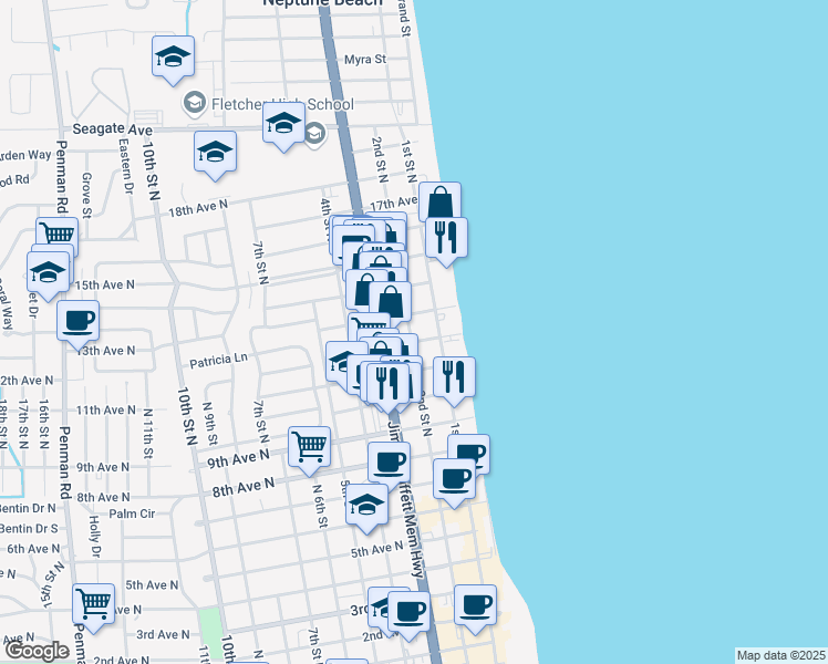 map of restaurants, bars, coffee shops, grocery stores, and more near 131 13th Avenue North in Jacksonville Beach