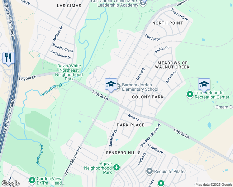 map of restaurants, bars, coffee shops, grocery stores, and more near 6711 Johnny Morris Road in Austin