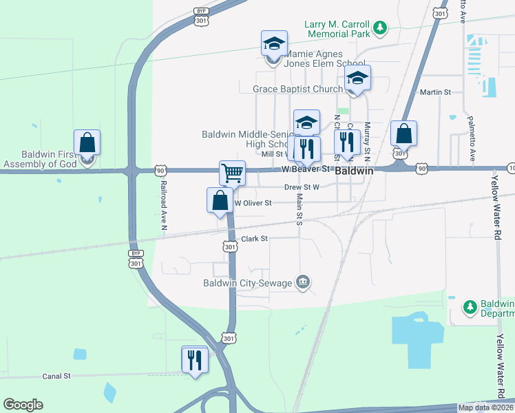 map of restaurants, bars, coffee shops, grocery stores, and more near 575 West Oliver Street in Baldwin