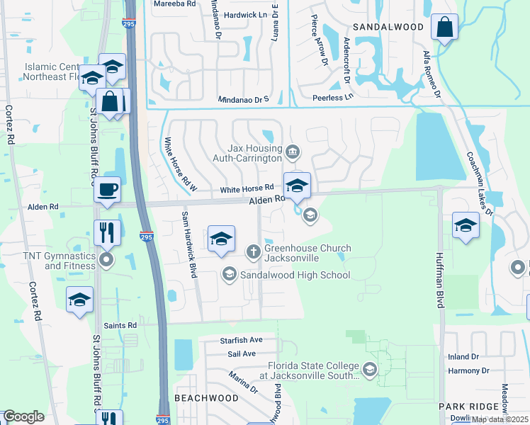 map of restaurants, bars, coffee shops, grocery stores, and more near 11750 Alden Road in Jacksonville
