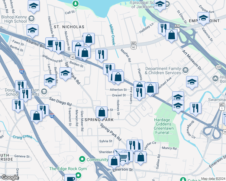 map of restaurants, bars, coffee shops, grocery stores, and more near 3534 Beach Boulevard in Jacksonville