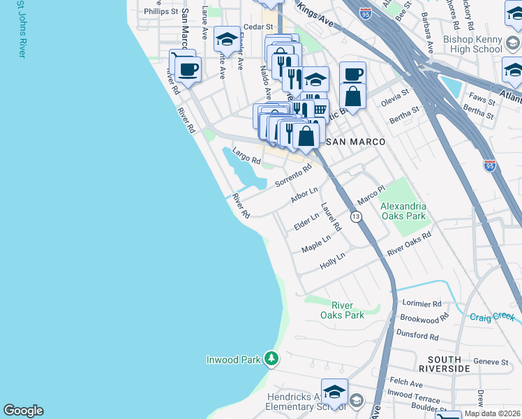 map of restaurants, bars, coffee shops, grocery stores, and more near 872 Sorrento Road in Jacksonville