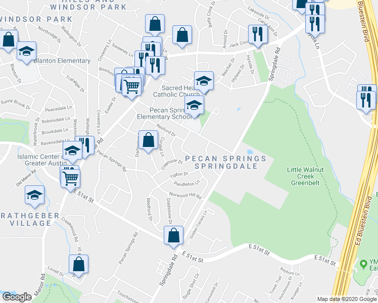 map of restaurants, bars, coffee shops, grocery stores, and more near 3401 Rogge Lane in Austin