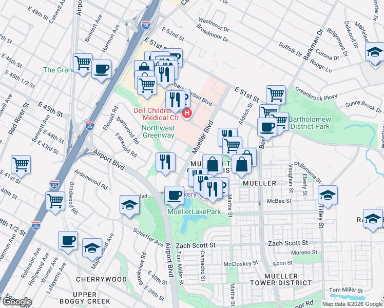 map of restaurants, bars, coffee shops, grocery stores, and more near None in Austin