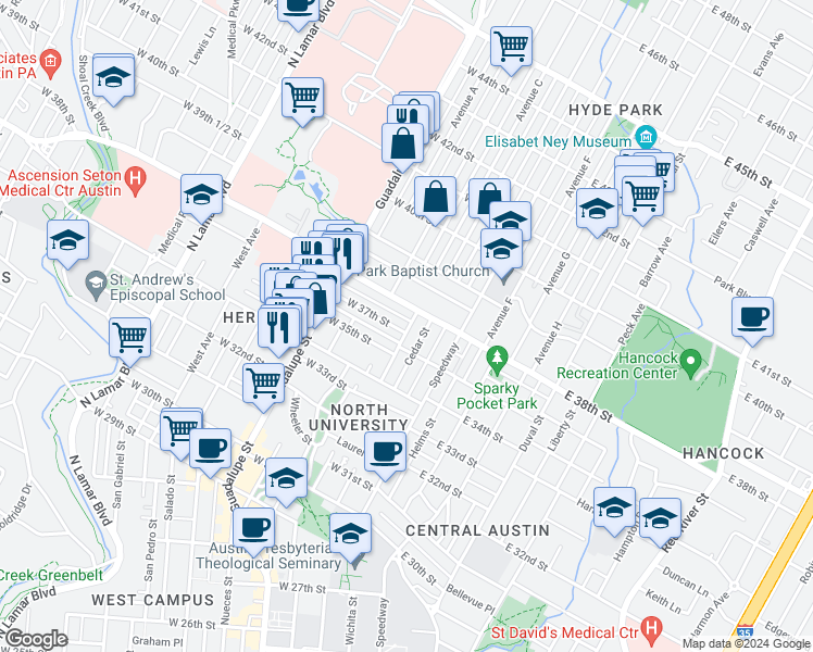 map of restaurants, bars, coffee shops, grocery stores, and more near 305 West 38th Street in Austin