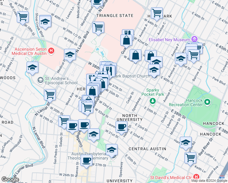 map of restaurants, bars, coffee shops, grocery stores, and more near 402 West 37th Street in Austin