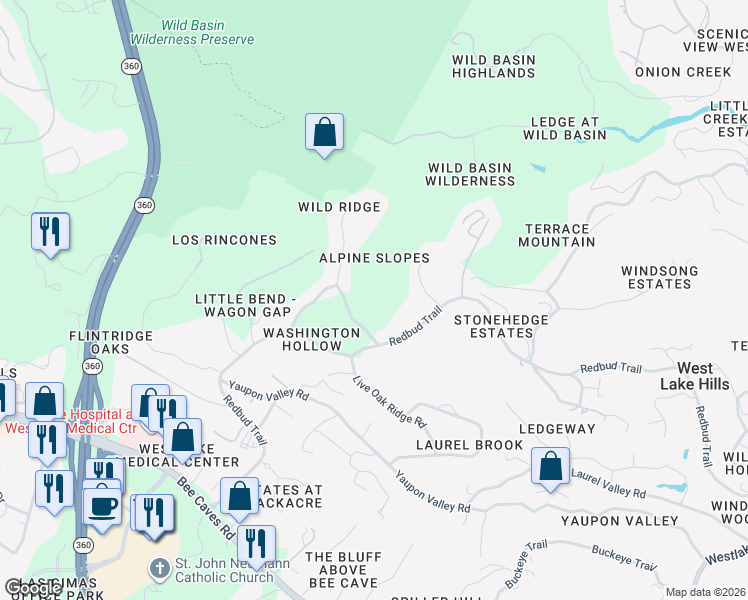 map of restaurants, bars, coffee shops, grocery stores, and more near 1400 Circle Ridge Drive in West Lake Hills