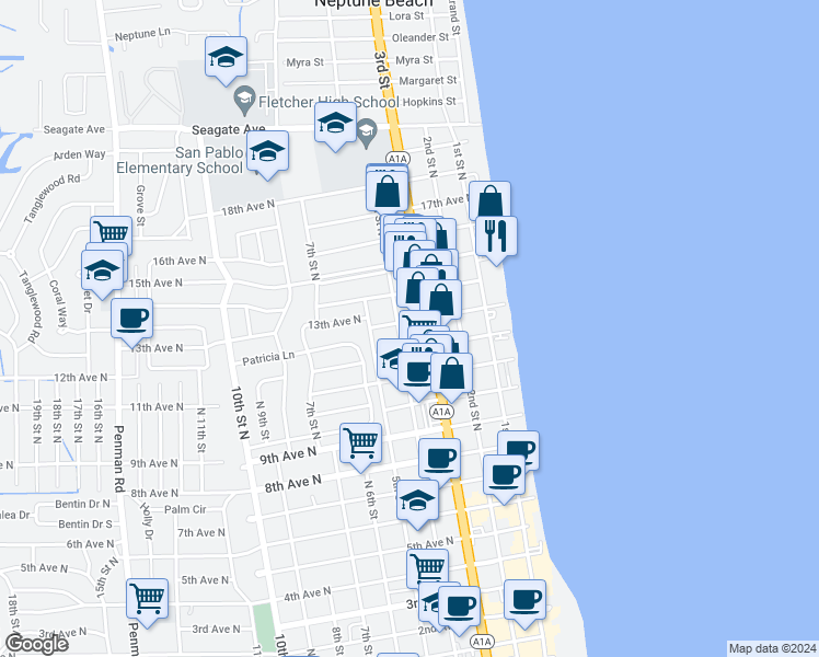 map of restaurants, bars, coffee shops, grocery stores, and more near 340 13th Avenue North in Jacksonville Beach