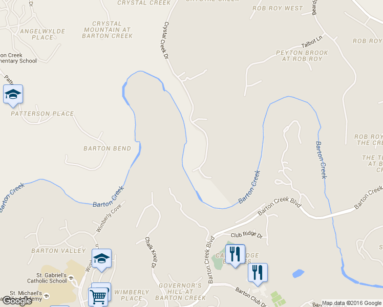 map of restaurants, bars, coffee shops, grocery stores, and more near 1100 Crystal Creek Drive in Austin
