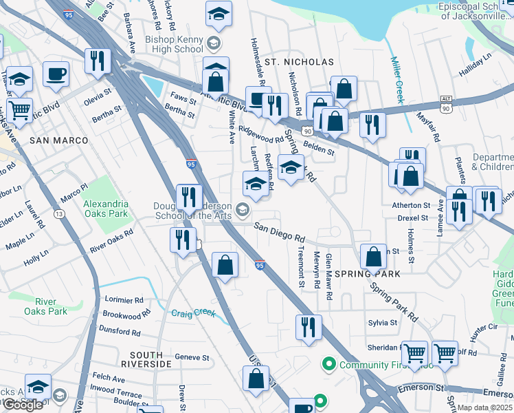 map of restaurants, bars, coffee shops, grocery stores, and more near 2445 San Diego Road in Jacksonville