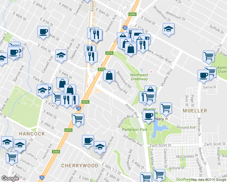 map of restaurants, bars, coffee shops, grocery stores, and more near 4402 Parkwood Rd in Austin