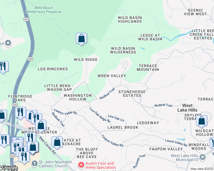 map of restaurants, bars, coffee shops, grocery stores, and more near 1 Wren Valley Cove in West Lake Hills