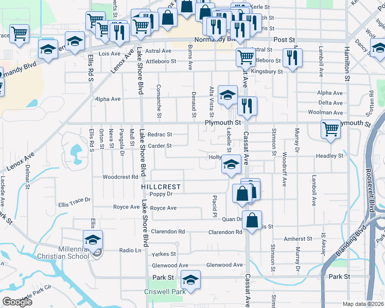 map of restaurants, bars, coffee shops, grocery stores, and more near 1269 Denaud Street in Jacksonville