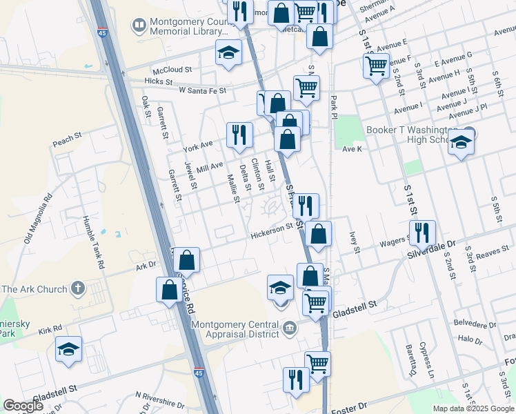 map of restaurants, bars, coffee shops, grocery stores, and more near 500 Hickerson Street in Conroe