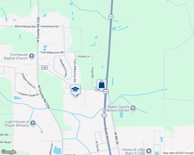 map of restaurants, bars, coffee shops, grocery stores, and more near 11807 Faye Road in Macclenny