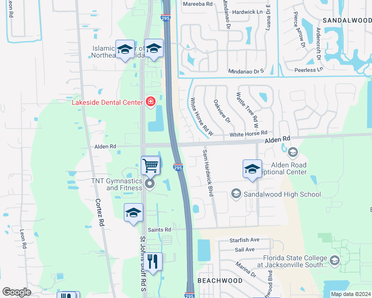 map of restaurants, bars, coffee shops, grocery stores, and more near 2530 Whispering Woods Boulevard in Jacksonville