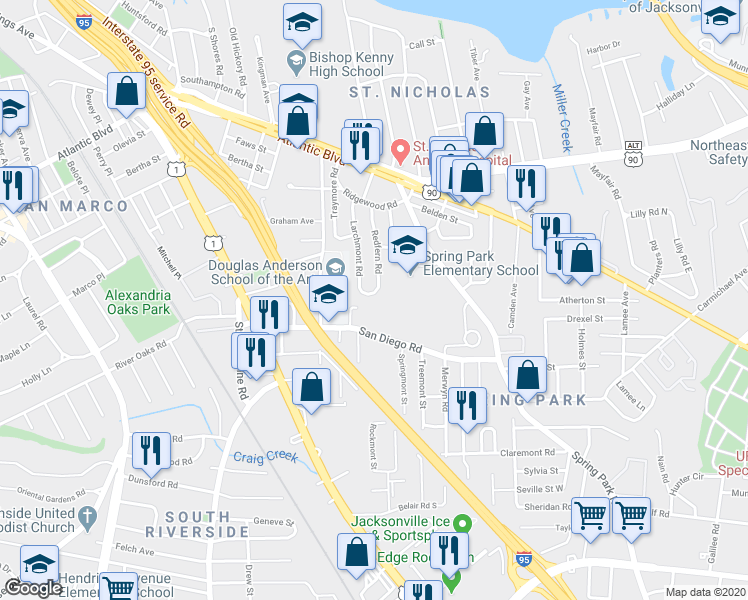 map of restaurants, bars, coffee shops, grocery stores, and more near 2279 Larchmont Road in Jacksonville