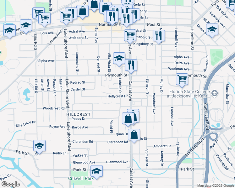 map of restaurants, bars, coffee shops, grocery stores, and more near 1256 Labelle Street in Jacksonville