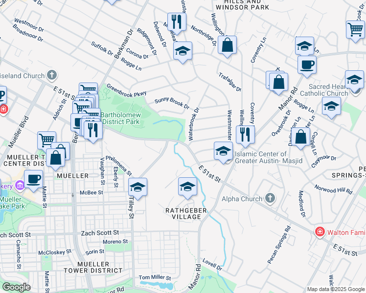 map of restaurants, bars, coffee shops, grocery stores, and more near 5102 Waterbrook Drive in Austin
