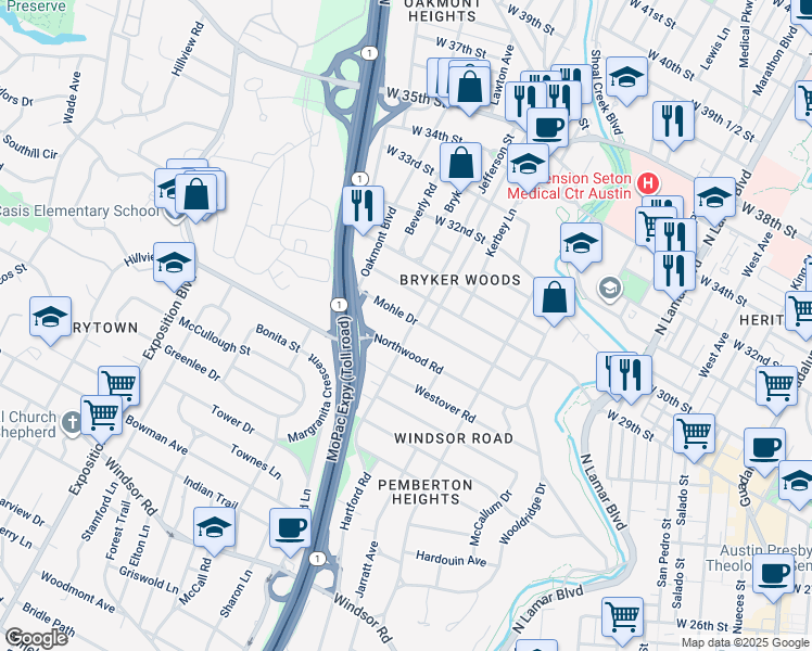 map of restaurants, bars, coffee shops, grocery stores, and more near 1708 Mohle Drive in Austin