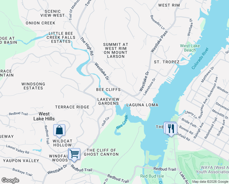 map of restaurants, bars, coffee shops, grocery stores, and more near 1867 Westlake Drive in Austin