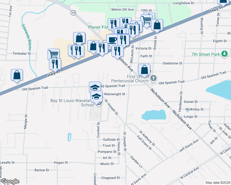 map of restaurants, bars, coffee shops, grocery stores, and more near 408 Old Spanish Trail in Waveland