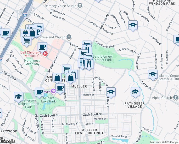map of restaurants, bars, coffee shops, grocery stores, and more near 1801 East 51st Street in Austin