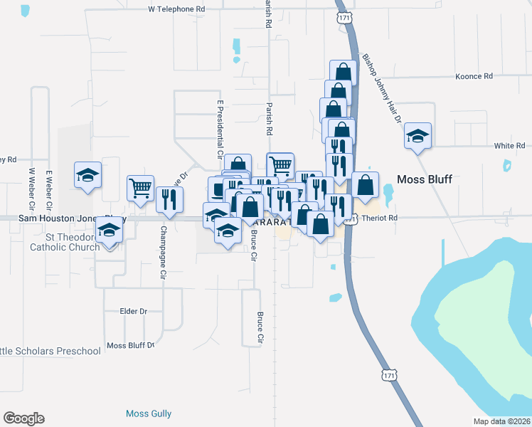 map of restaurants, bars, coffee shops, grocery stores, and more near 332 Sam Houston Jones Parkway in Lake Charles