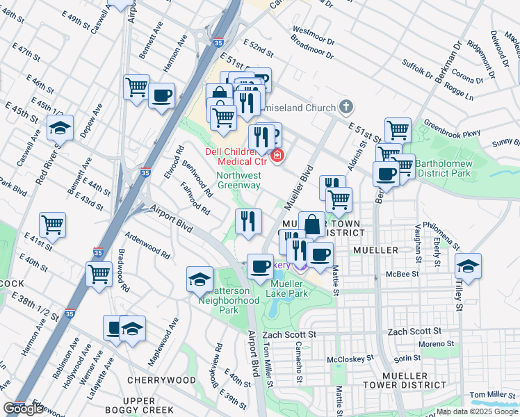 map of restaurants, bars, coffee shops, grocery stores, and more near 1345 Philomena Street in Austin