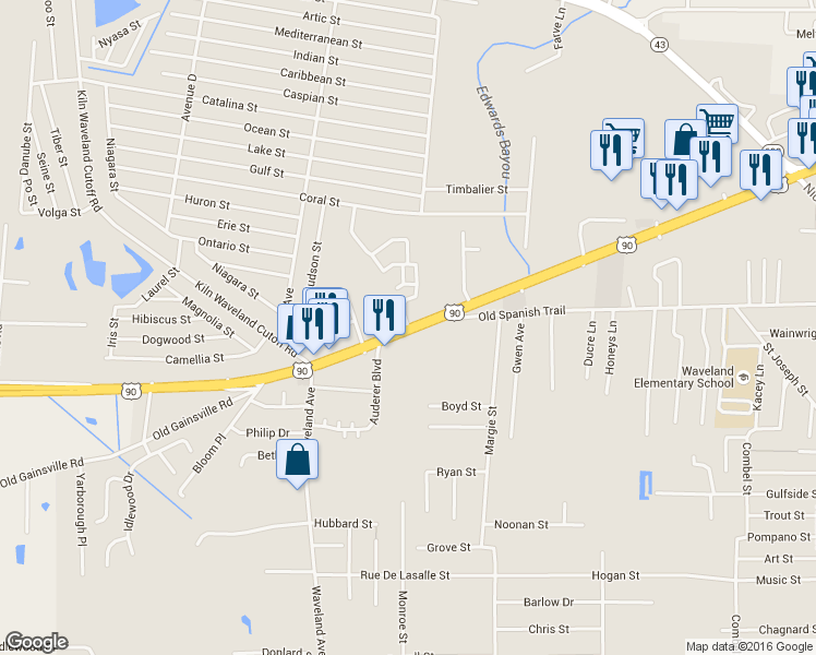 map of restaurants, bars, coffee shops, grocery stores, and more near 612 U.S. 90 in Waveland