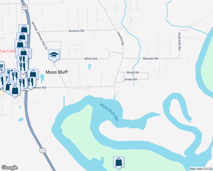 map of restaurants, bars, coffee shops, grocery stores, and more near 966 Theriot Rd in Lake Charles