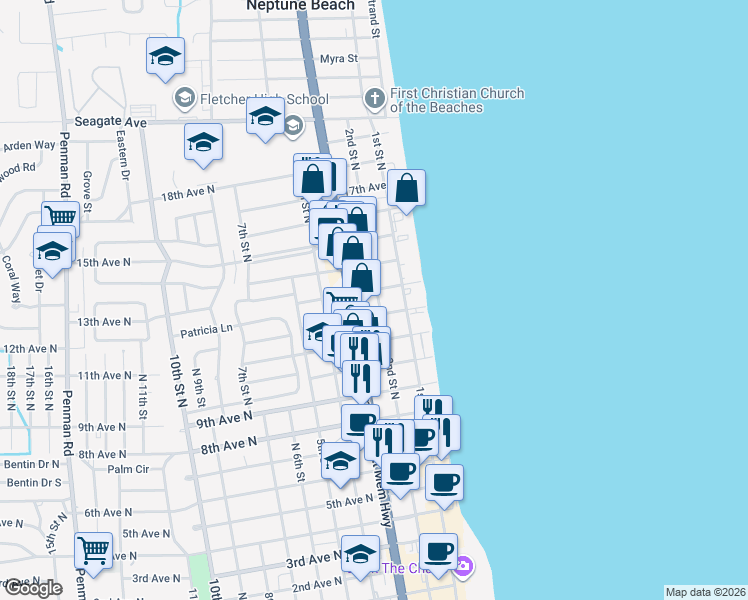 map of restaurants, bars, coffee shops, grocery stores, and more near 131 13th Avenue North in Jacksonville Beach
