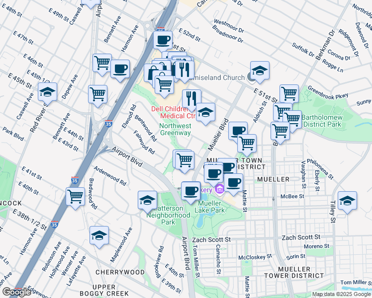 map of restaurants, bars, coffee shops, grocery stores, and more near James Wheat Street in Austin