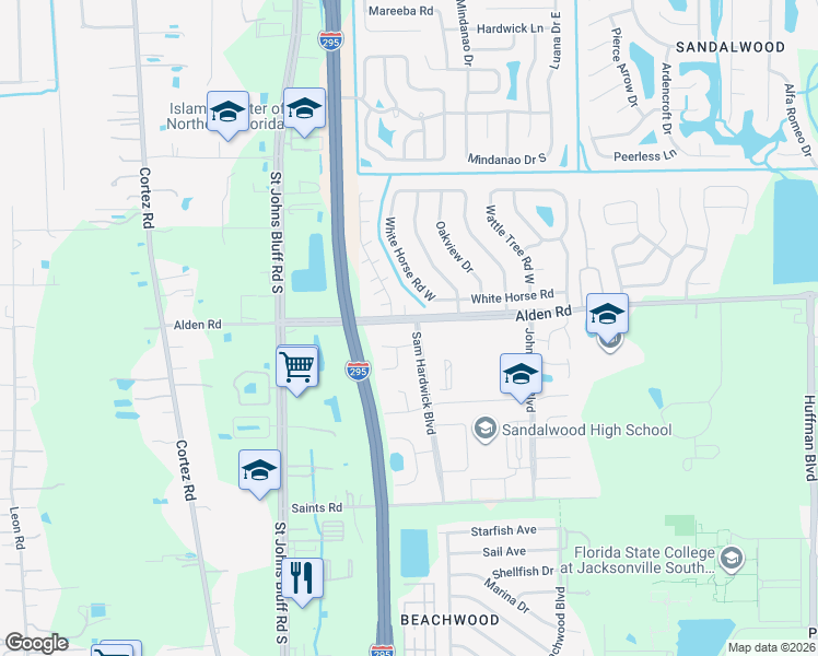 map of restaurants, bars, coffee shops, grocery stores, and more near 10743 Alden Road in Jacksonville
