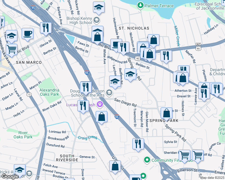 map of restaurants, bars, coffee shops, grocery stores, and more near 2445 San Diego Road in Jacksonville