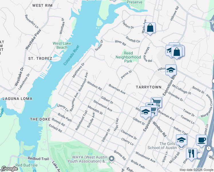 map of restaurants, bars, coffee shops, grocery stores, and more near 3317 Bowman Avenue in Austin