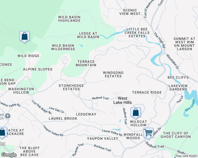map of restaurants, bars, coffee shops, grocery stores, and more near 710 Windsong Trail in West Lake Hills