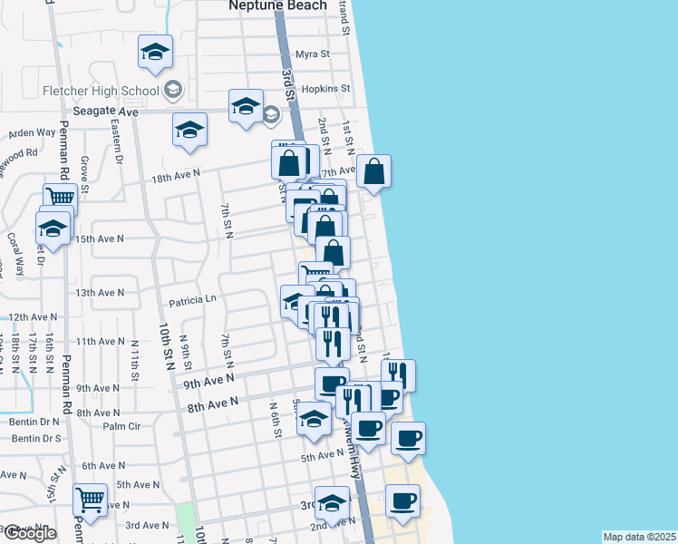 map of restaurants, bars, coffee shops, grocery stores, and more near 131 13th Avenue North in Jacksonville Beach