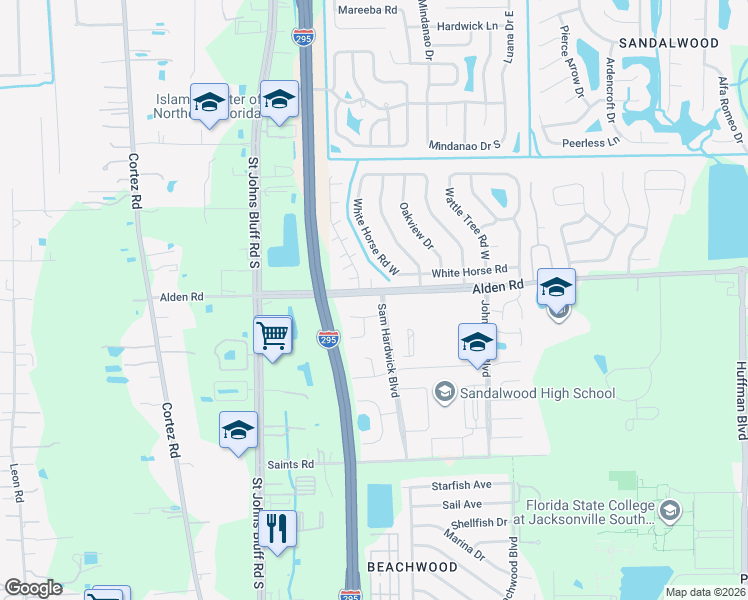 map of restaurants, bars, coffee shops, grocery stores, and more near 10743 Alden Road in Jacksonville
