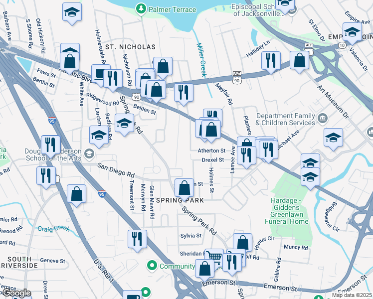 map of restaurants, bars, coffee shops, grocery stores, and more near 3456 Schumacher Avenue in Jacksonville