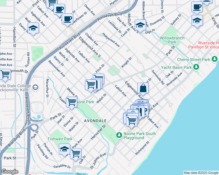 map of restaurants, bars, coffee shops, grocery stores, and more near 3552 Park Street in Jacksonville