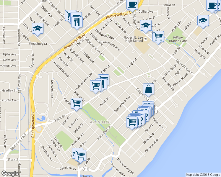 map of restaurants, bars, coffee shops, grocery stores, and more near 1448 Ingleside Avenue in Jacksonville