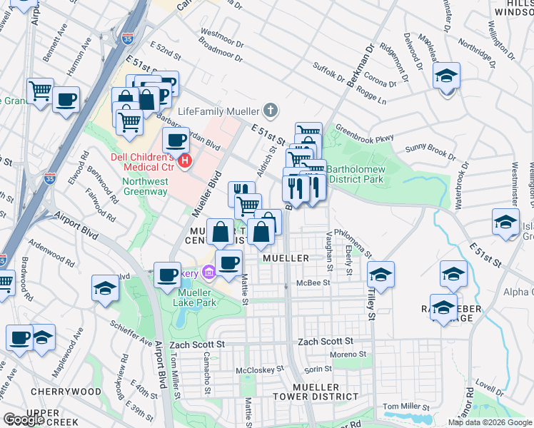 map of restaurants, bars, coffee shops, grocery stores, and more near 4818 Berkman Drive in Austin