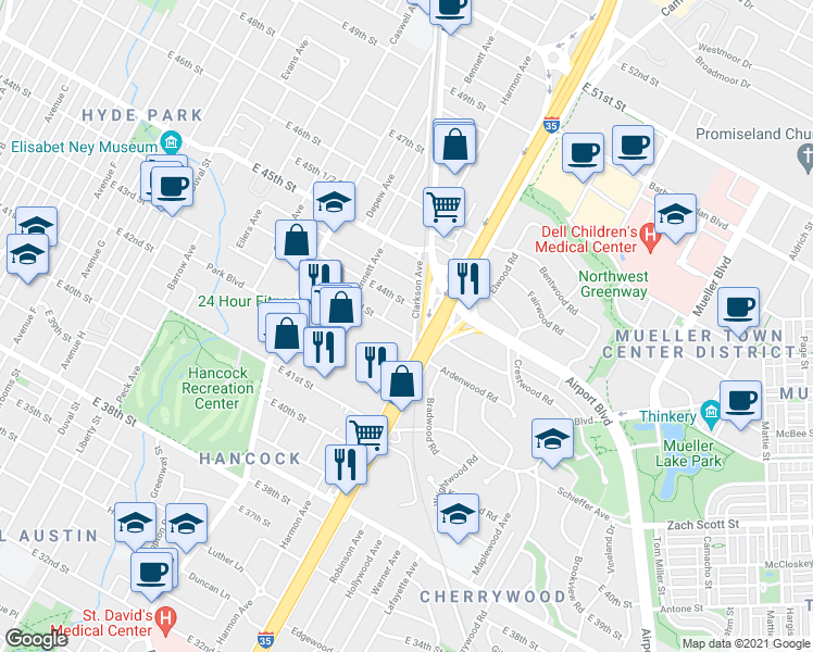 map of restaurants, bars, coffee shops, grocery stores, and more near 1026 East 43rd Street in Austin
