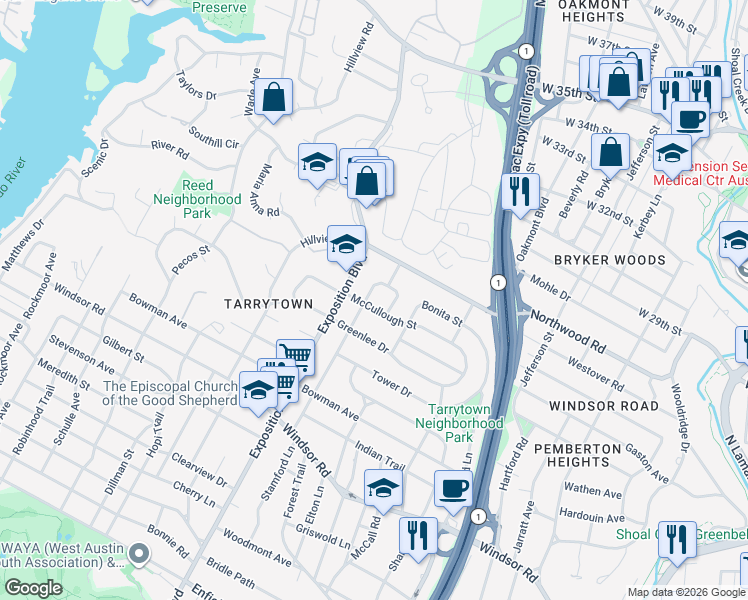map of restaurants, bars, coffee shops, grocery stores, and more near 2620 Galewood Place in Austin