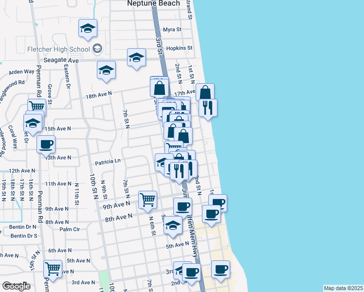 map of restaurants, bars, coffee shops, grocery stores, and more near 1410 Florida A1A in Jacksonville Beach