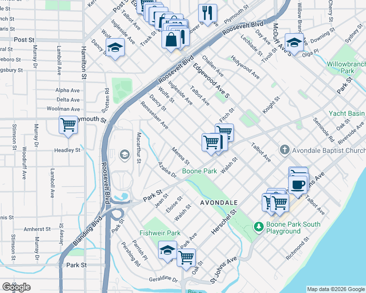 map of restaurants, bars, coffee shops, grocery stores, and more near 1342 Rensselaer Avenue in Jacksonville