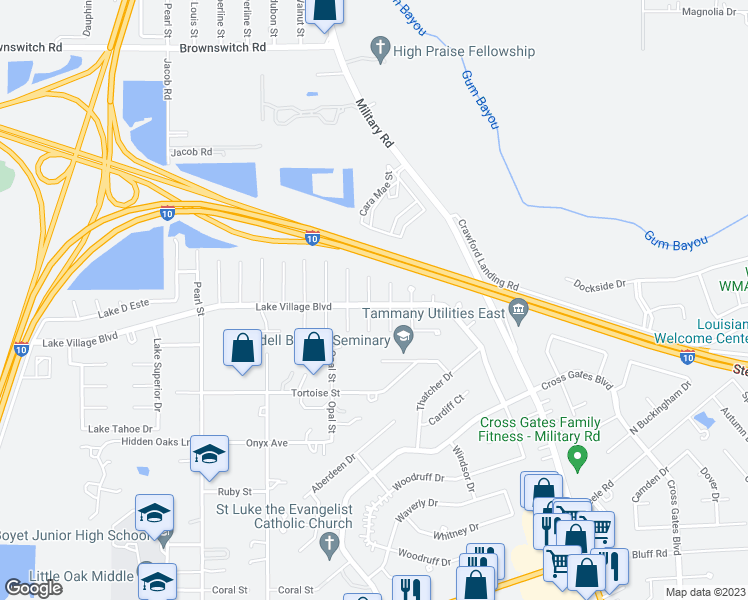 map of restaurants, bars, coffee shops, grocery stores, and more near 800 North Ferry Lake Court in Slidell