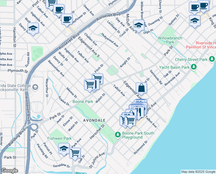 map of restaurants, bars, coffee shops, grocery stores, and more near 3552 Park Street in Jacksonville